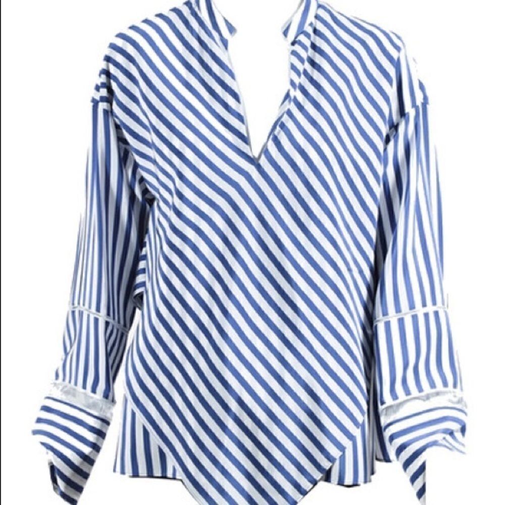 Derek Lam Blue & White Silk Sheer Inset Long Sleeve Striped Popover Blouse Sz 2